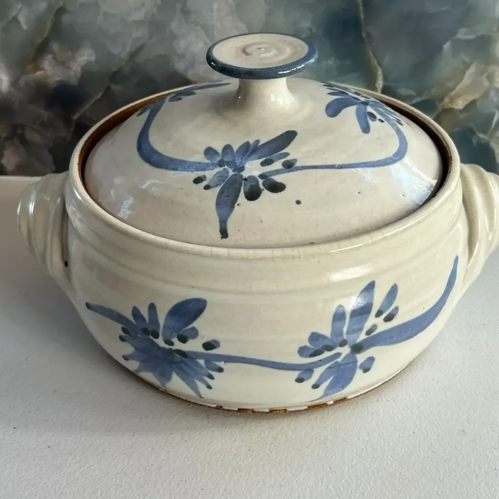 Vintage Floral Handmade Stoneware Pottery Veggie Rice Cooker